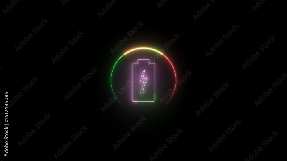 Neon Battery Charging Icon with Rainbow Circle on a Black Background for Technology Concepts neon Neon Battery Charging Icon with Rainbow Circle on a Black Background for Technology Concepts neon