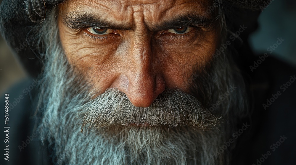 Portrait of mature caucasian male with intense expression and dense gray beard Portrait of mature caucasian male with intense expression and dense gray beard