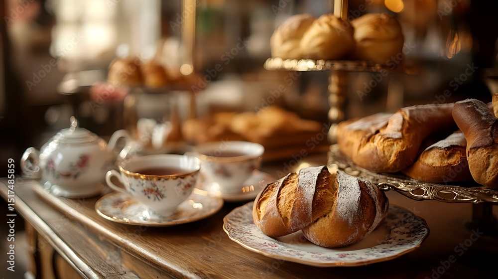 Naklejka premium A sophisticated tea-time bakery with delicate porcelain cups and warm bread
