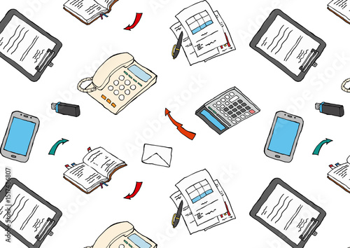 手描き風のカラフルオフィス用品パターン