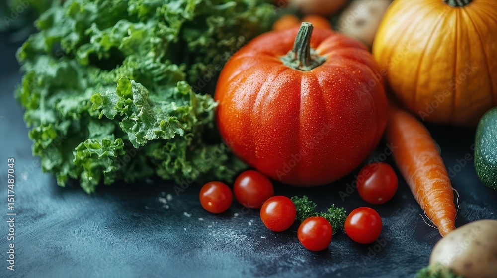 Fall harvest: fresh vegetables including pumpkin, kale, and tomatoes Fall harvest: fresh vegetables including pumpkin, kale, and tomatoes