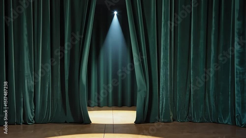A spotlight shines through green velvet curtains on a wooden stage.