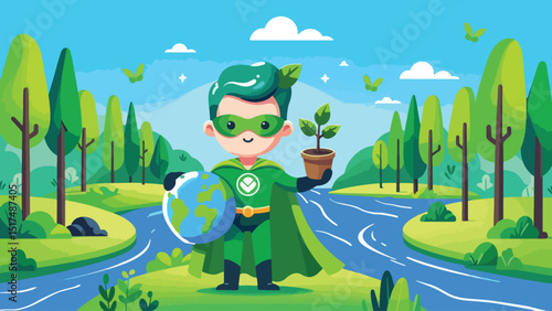 A character dressed as a superhero with a green cape made of leaves, holding a globe in one hand and a tree sapling in the other. The background features a bright blue sky, green forests,