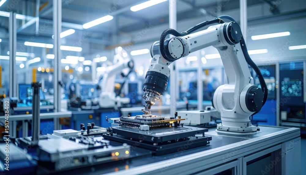 Fototapeta premium Realistic image of a robotic arm assembling components in a high-tech science and engineering lab, focus on precision and technology.