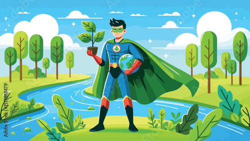 A character dressed as a superhero with a green cape made of leaves, holding a globe in one hand and a tree sapling in the other. The background features a bright blue sky, green forests,