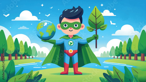 A character dressed as a superhero with a green cape made of leaves, holding a globe in one hand and a tree sapling in the other. The background features a bright blue sky, green forests,