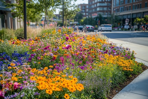 Vibrant flower bed along city street showcases urban beautification project