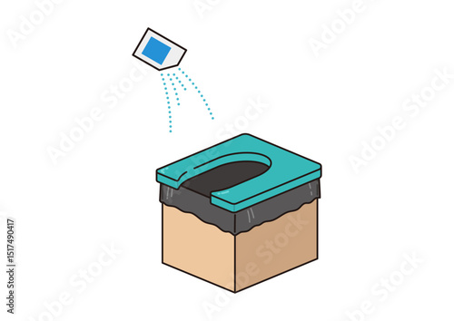 凝固剤を振りかけている簡易トイレのイラスト