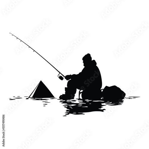 A person fishing on a frozen lake minimalist silhouette