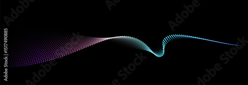 Flowing dot particles wave pattern colorful spectrum light gradient smooth curve shape isolated on black background. Vector in concept of technology, science, music, modern