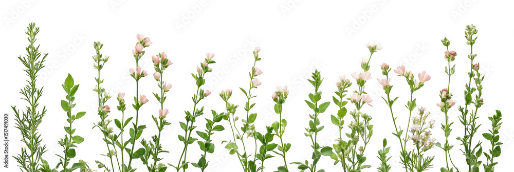 Various herb plants with green stems and leaves, some displaying small white flowers, are arranged in a horizontal line. Png, Transparent background. Various herb plants with green stems and leaves, some displaying small white flowers, are arranged in a horizontal line. Png, Transparent background.