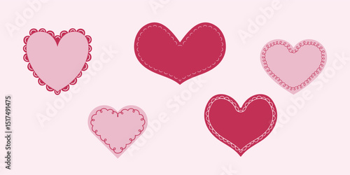 Valentine Scalloped edge heart shapes set. hand drawn vintage frill ornament. Fabric laces and ribbons frame. Heart shape frame badge set.