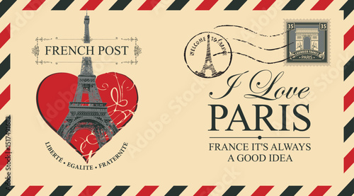 Vector greeting card with heart sign, Eiffel Tower in Paris, France. Or vintage style postal envelope with words "I love Paris". Valentine's Day card. Travel flyer. No AI used