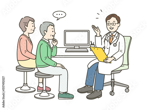 もの忘れ外来で診察を受ける高齢男性と付き添いの妻と医師のイラスト
