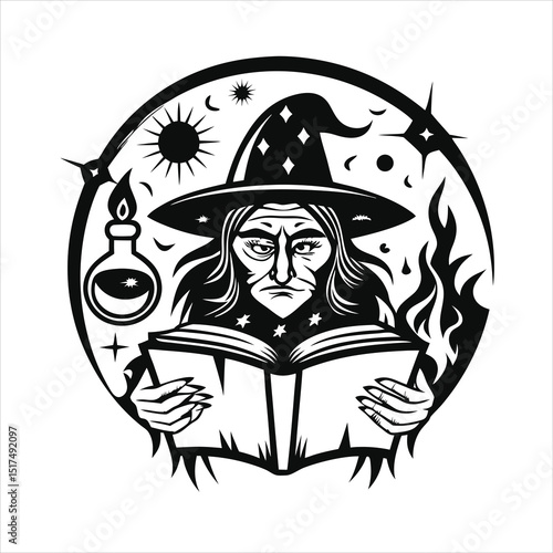 vintage witch illustration with spellbook and poti