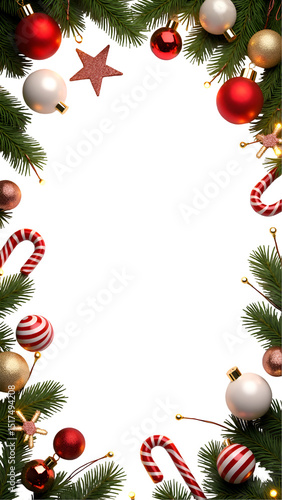 Festive Christmas Frame with Red Ornaments and Evergreen Branches  – Ideal for Holiday Cards, Banners, and Seasonal Social Media Posts.