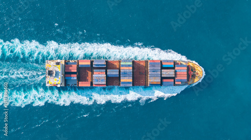 Top view Container ship full capacity approaching port International Container ship loading, unloading at sea port, Freight Transportation, Shipping,Logistics, import export, Transportation. Global