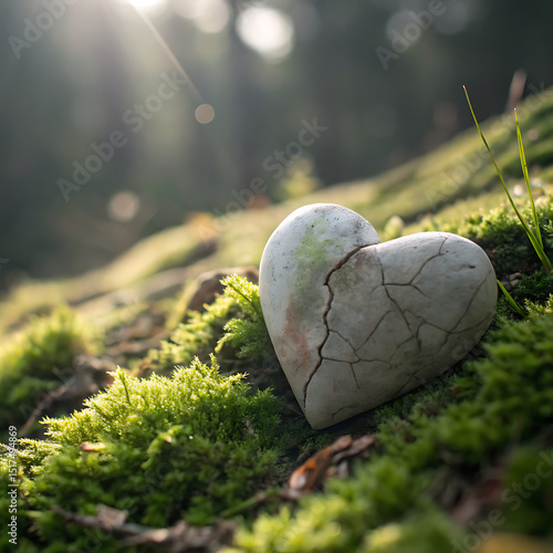 Cracked Heart Stone Resting on Mossy Ground with Sunlight Filtering Through Trees Symbolizing Broken Love or Healing Process