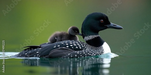 Mother loon protects chick on her back while father loon glides through the water, protective, baby, natural history
