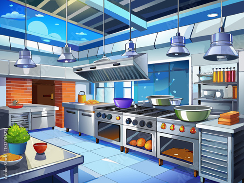 Large photo of large commercial kitchen interior with stainless steel appliances. Shiny professional equipment, ovens, gas stoves, metal furniture, hoods, surfaces. Clean, bright and modern kitchen sp