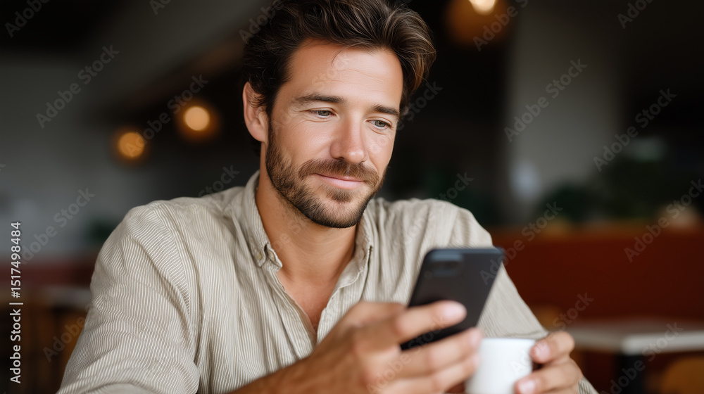 Young man in casual shirt smiling at smartphone while enjoying coffee in modern cafe with warm lighting and cozy atmosphere Young man in casual shirt smiling at smartphone while enjoying coffee in modern cafe with warm lighting and cozy atmosphere