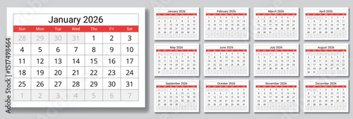 2026 calendar. A vector collection of English monthly calendars. Design with Sunday start