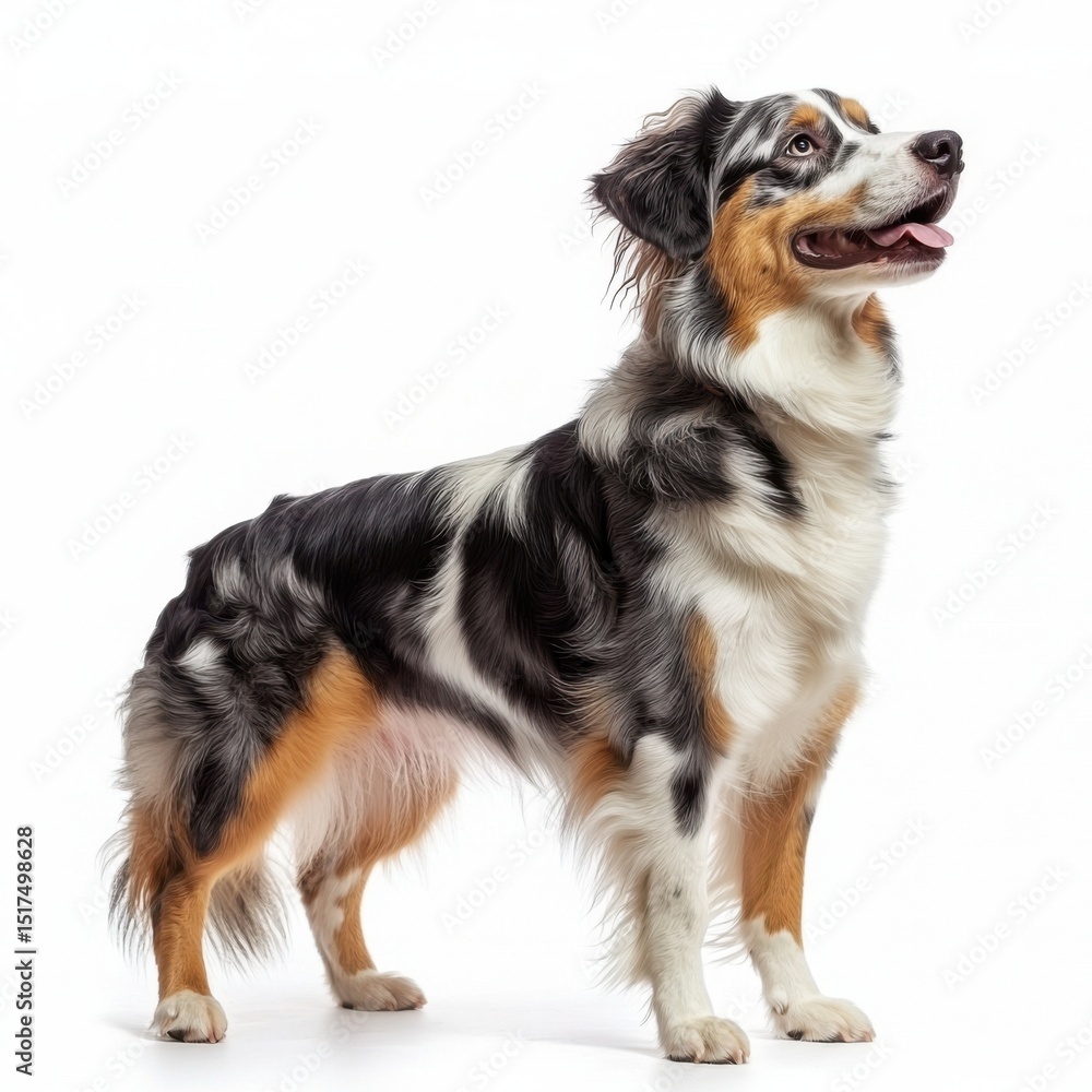 Australian Shepherd dog standing alert with a happy expression isolated on a white background for pet, breed, and animal photography or s Australian Shepherd dog standing alert with a happy expression isolated on a white background for pet, breed, and animal photography or s