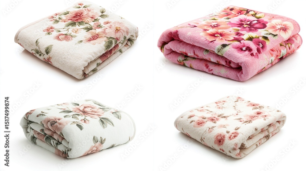 Four folded fleece blankets, two in off-white with blush rose prints and two in pink with varied floral patterns, displayed on a white background Four folded fleece blankets, two in off-white with blush rose prints and two in pink with varied floral patterns, displayed on a white background