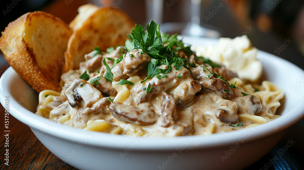 Creamy Mushroom Stroganoff Served with Noodles, Garlic Bread, and Butter