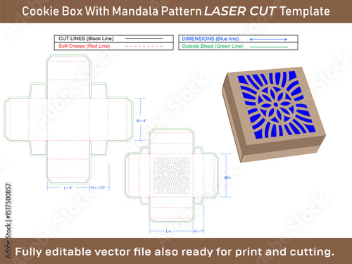Cookie Box Dieline Template With Mandala Pattern lasercut template