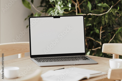 White laptop screen mock-up on a wooden desk