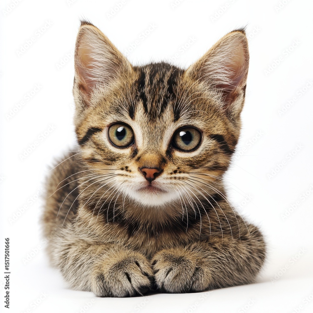 Obraz premium Adorable curious kitten with alert eyes and soft striped fur resting on a white background, showcasing playful and cute feline behavior and charming pet traits