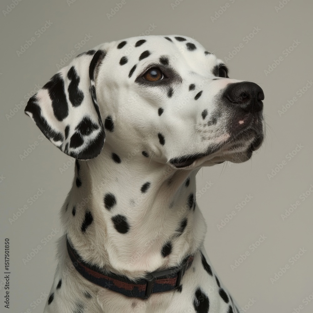 Close-up portrait of a Dalmatian dog with distinctive black spots on white coat and attentive expression, isolated on neutral background, detailed and high quality Close-up portrait of a Dalmatian dog with distinctive black spots on white coat and attentive expression, isolated on neutral background, detailed and high quality