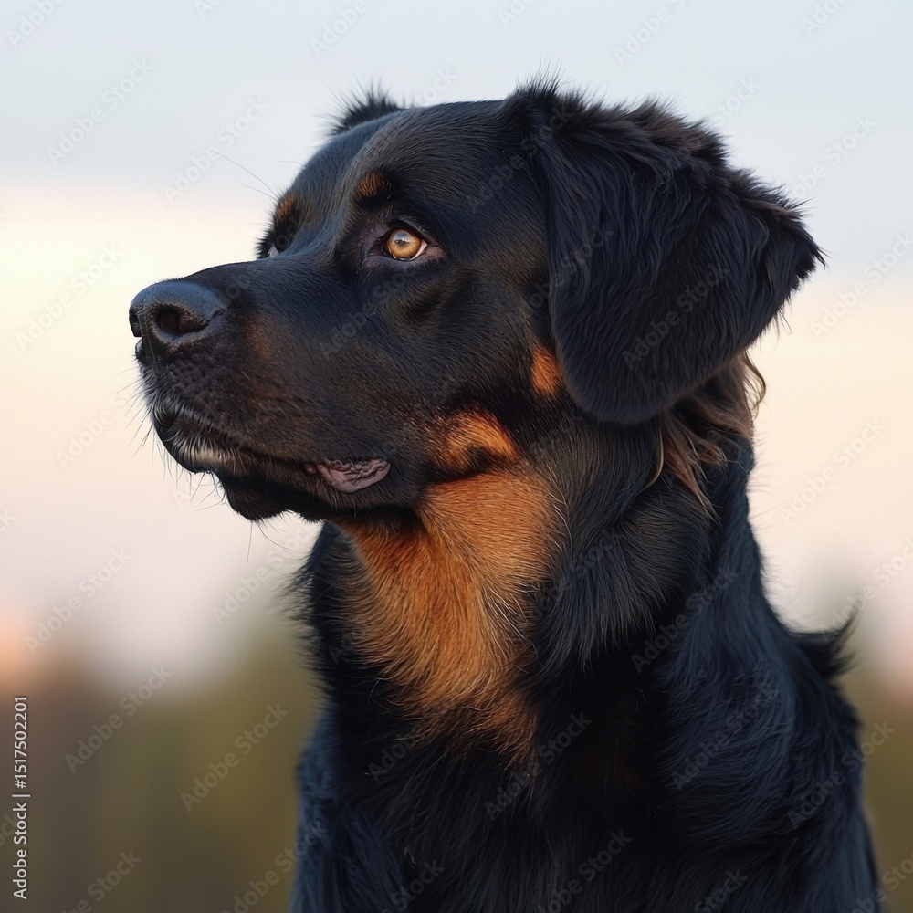 Close-up of a Rottweiler dog with alert expression, black and tan coat, standing outdoors du daytime in a natural setting Close-up of a Rottweiler dog with alert expression, black and tan coat, standing outdoors du daytime in a natural setting