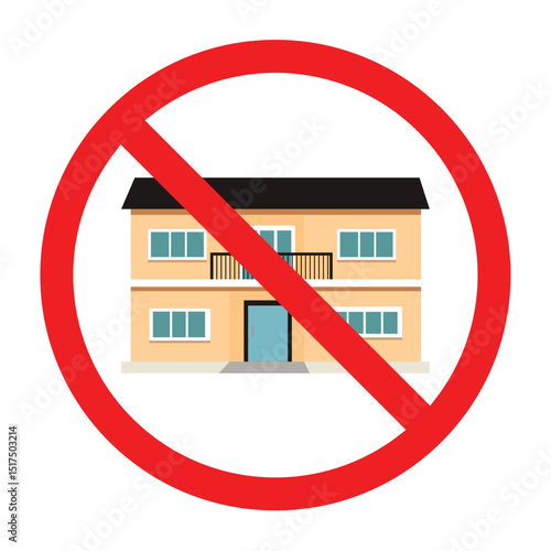 Forbidden sign with flat house icon, no flat house allowed sign, flat house prohibition sign, do not buy flat house symbol