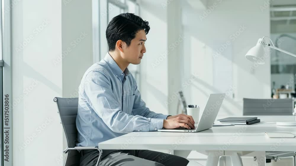 A man sits at a desk, working on a laptop in a modern office. A man sits at a desk, working on a laptop in a modern office.