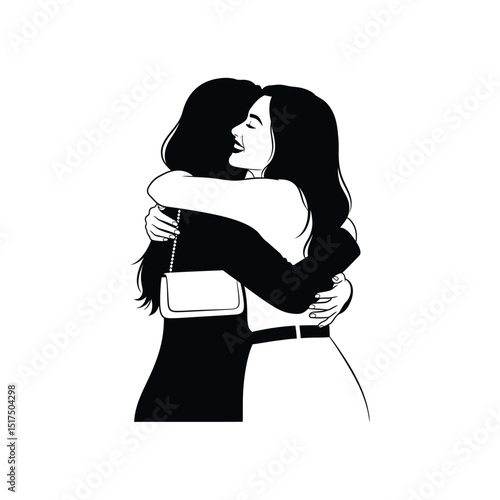 Women - Hugging - Friendship - Outline - Vector Illustration of Two Women Embracing in Monochrome Outline Style, Symbolizing Friendship and Connection - Silhouette of young woman