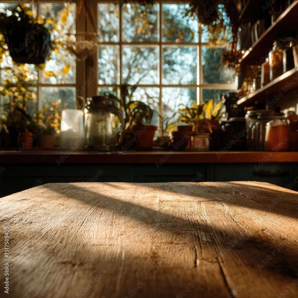Naklejka premium Sunlight streams through a window onto a rustic wooden kitchen table, plants and jars on shelves visible in the background