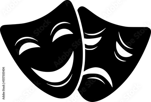 comedy and tragedy masks,black and white silhouette,dramatic theatrical masks,theatrical performance art,minimalist graphic design,iconic drama symbol
