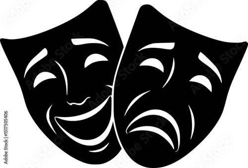 comedy and tragedy masks,black and white silhouette,dramatic theatrical masks,theatrical performance art,minimalist graphic design,iconic drama symbol
