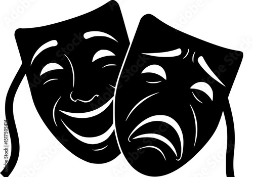 comedy and tragedy masks,black and white silhouette,dramatic theatrical masks,theatrical performance art,minimalist graphic design,iconic drama symbol
