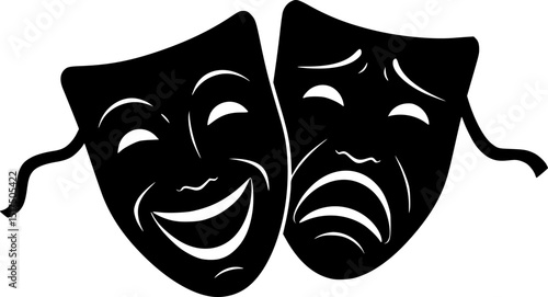 comedy and tragedy masks,black and white silhouette,dramatic theatrical masks,theatrical performance art,minimalist graphic design,iconic drama symbol
