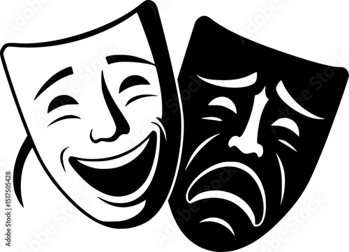 comedy and tragedy masks,black and white silhouette,dramatic theatrical masks,theatrical performance art,minimalist graphic design,iconic drama symbol
