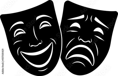 comedy and tragedy masks,black and white silhouette,dramatic theatrical masks,theatrical performance art,minimalist graphic design,iconic drama symbol
