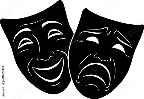 comedy and tragedy masks,black and white silhouette,dramatic theatrical masks,theatrical performance art,minimalist graphic design,iconic drama symbol
