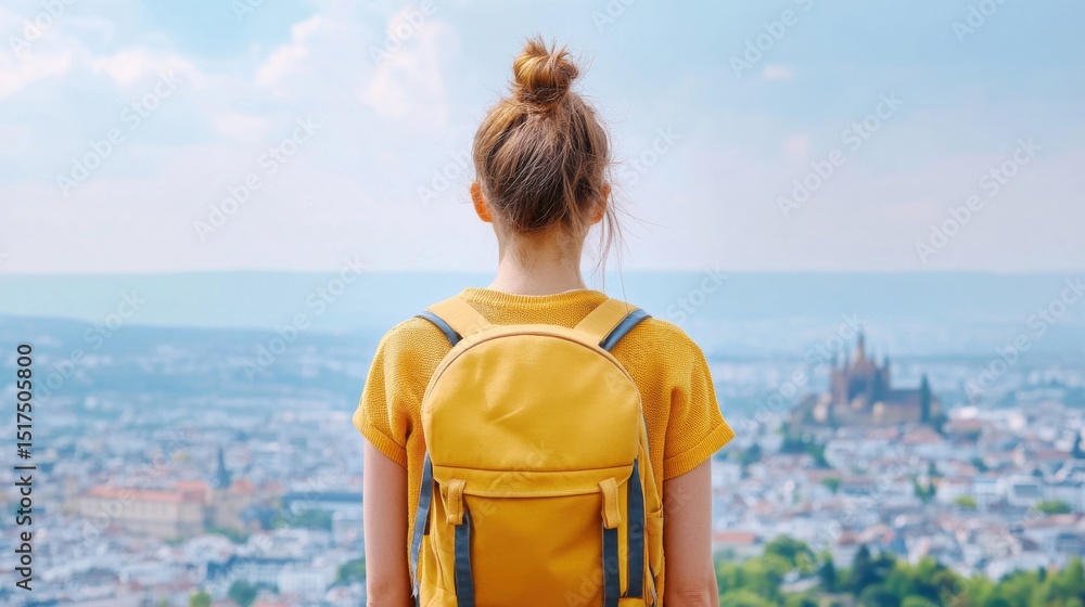 Fototapeta premium Young Woman with Yellow Backpack Overlooking Cityscape from Hilltop