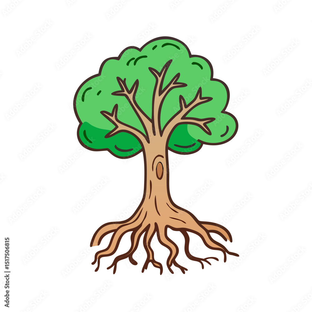 Obraz premium Cartoon Tree with Green Leaves and Roots on a Black Background