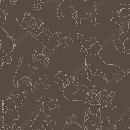 Seamless pattern of cute cartoon dogs on a brown background. Fun and playful design ideal for children’s products, textiles, wrapping paper, and digital projects.