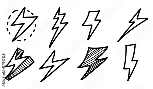Set of Hand drawn electric lightning. Doodle thunderbolt and thunderstorm. isolated on white background. vector illustration