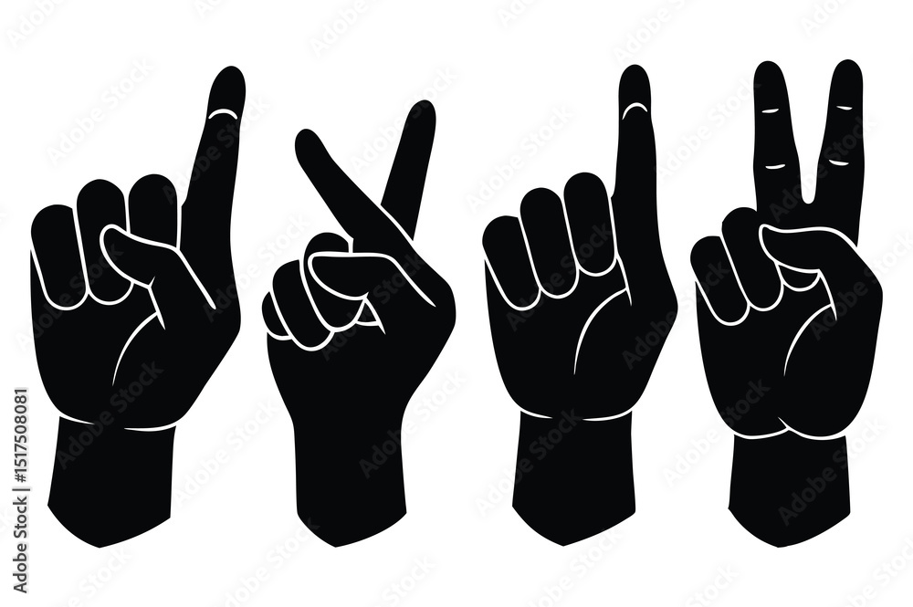 Obraz premium Hand Gestures Counting One Two in a Row Silhouette row hand gestures counting one and two depicted clean